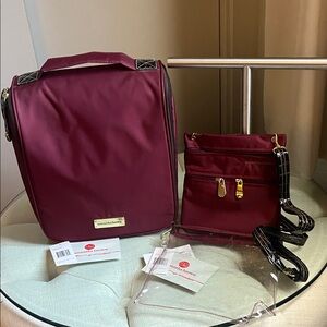 Samantha Brown Burgundy Nylon Travel Set Cosmetic Toiletry Crossbody Bag